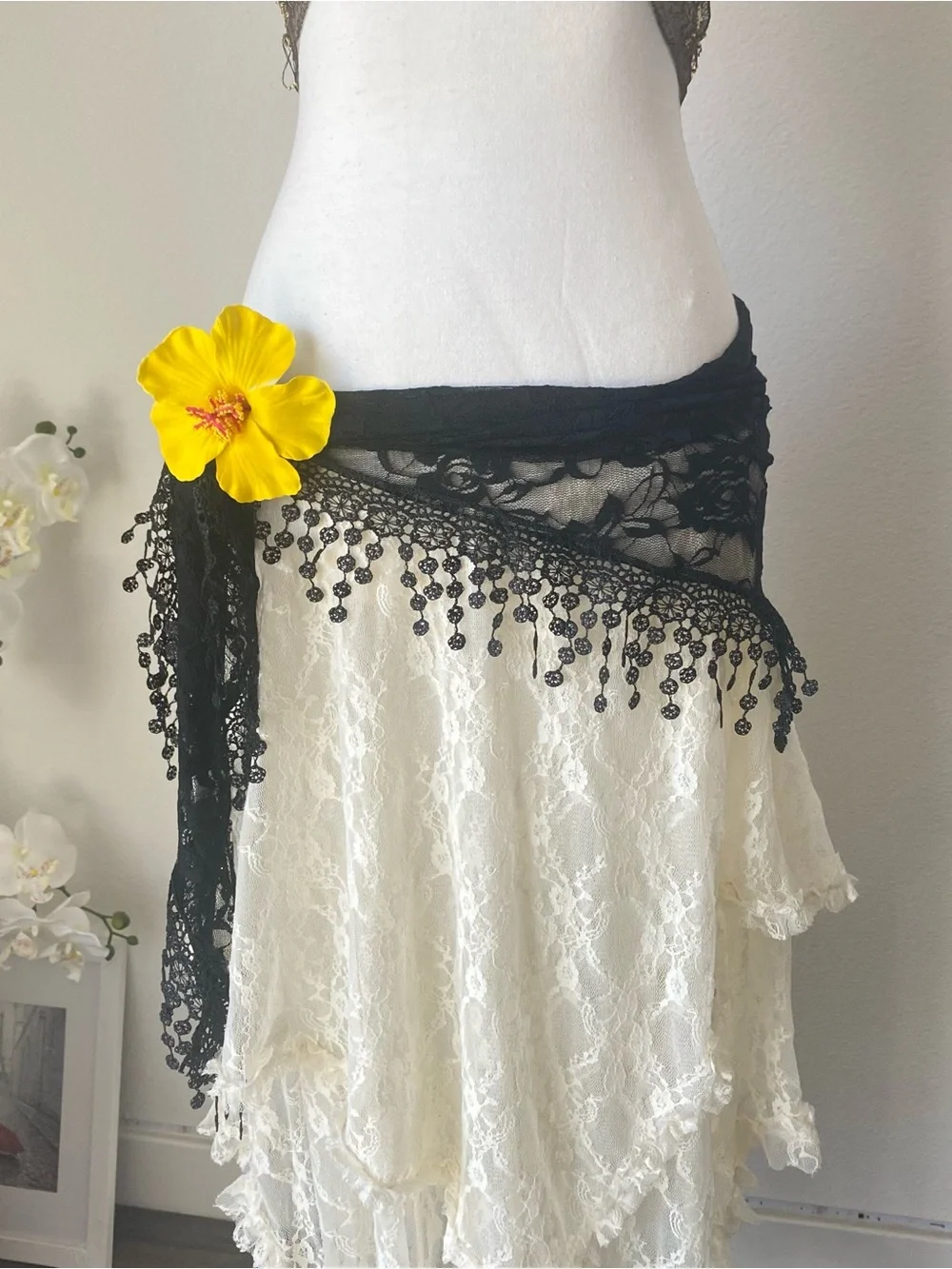 Black Lace Triangle Scarf with Beaded Fringe